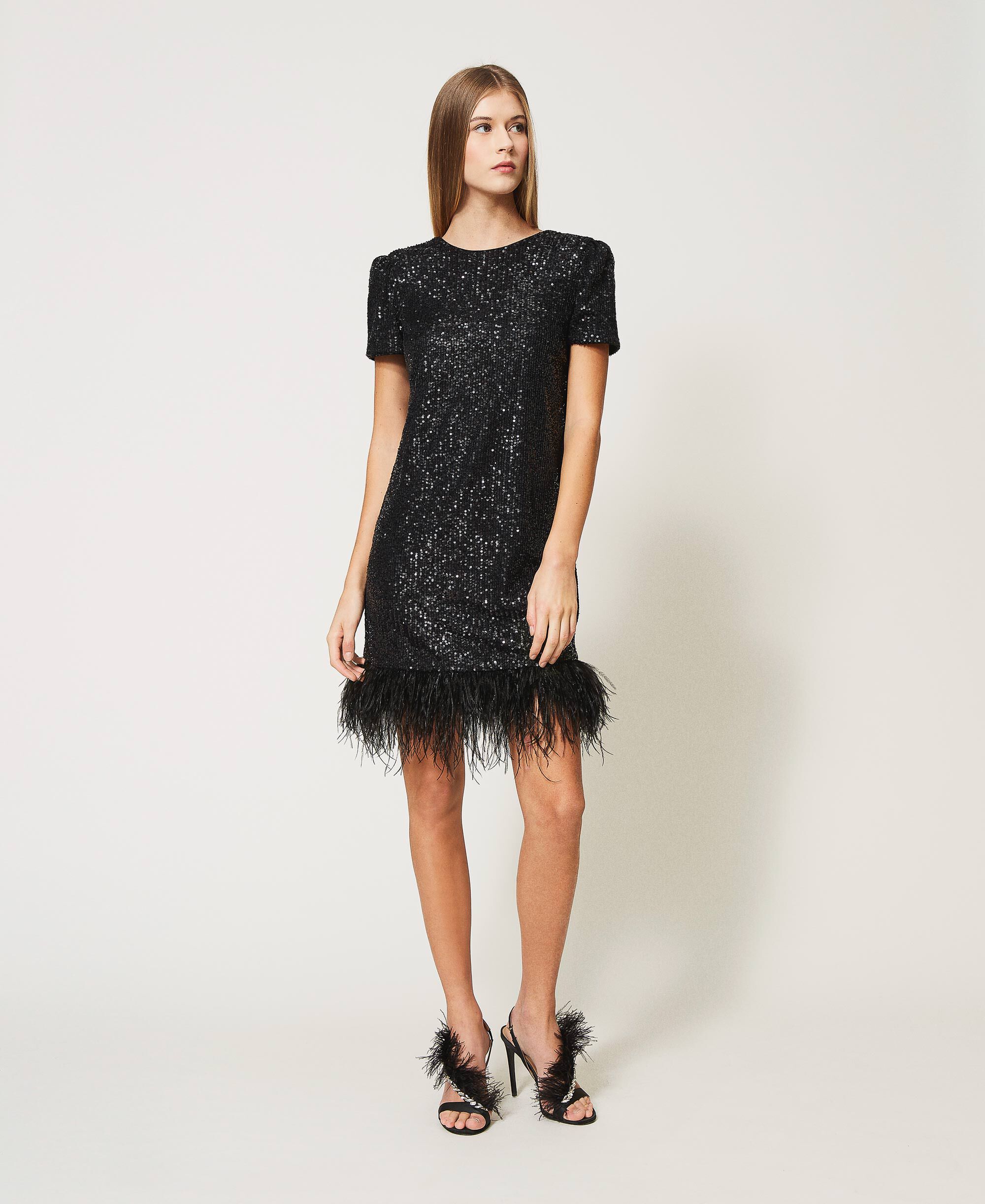 Full sequin dress with feathers Woman ...